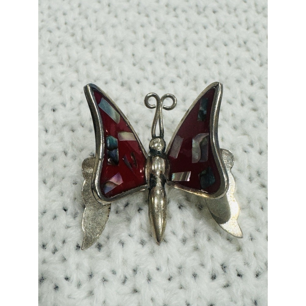 Vintage Mexico Butterfly Brooch Pin Red Inlay Silver Tone